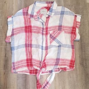 Rails Amelie Plaid Linen Blend Shirt Cropped Oversized Tie Front Top Sz S